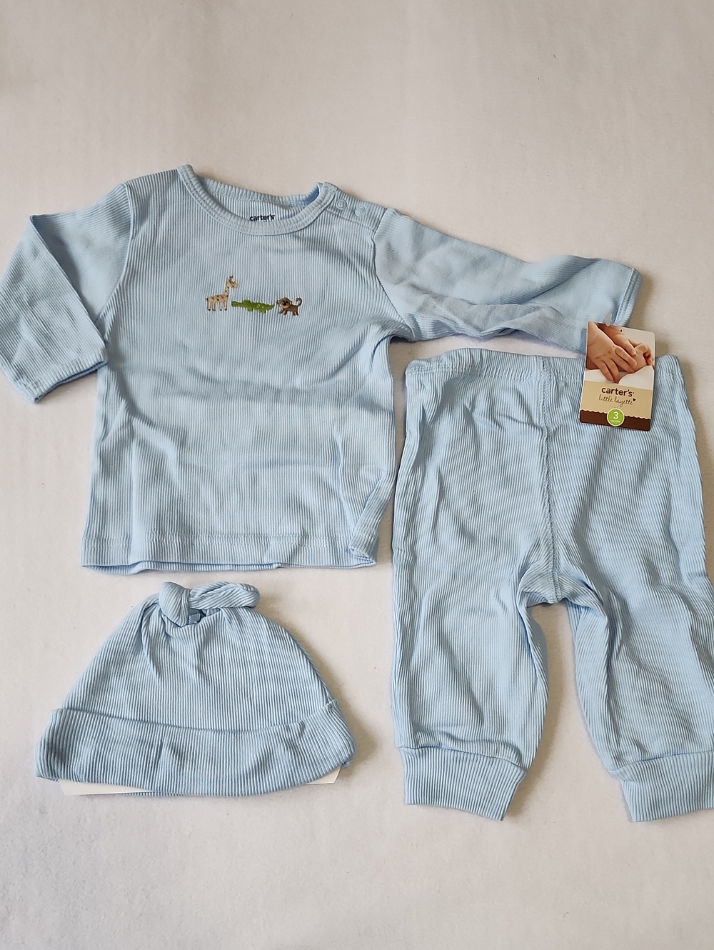 Carter's Pastel Blue Ribbed 3-Piece Set with Animal Embroidery